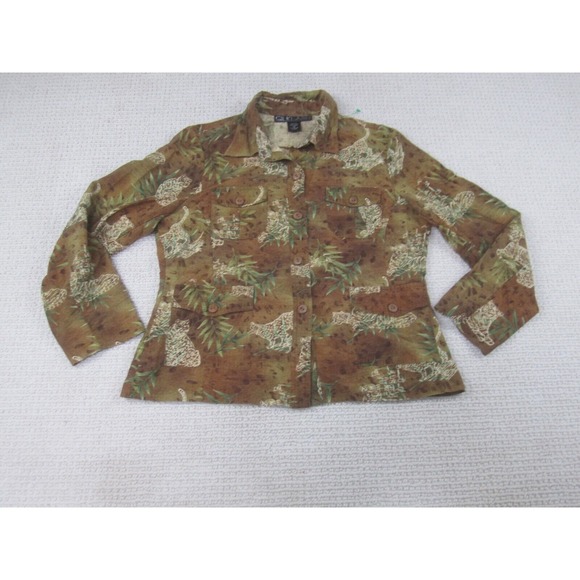 Silkland Shirt Womens Medium Brown‎ Cheetah Printed Safari Button Down Silk - Picture 1 of 8